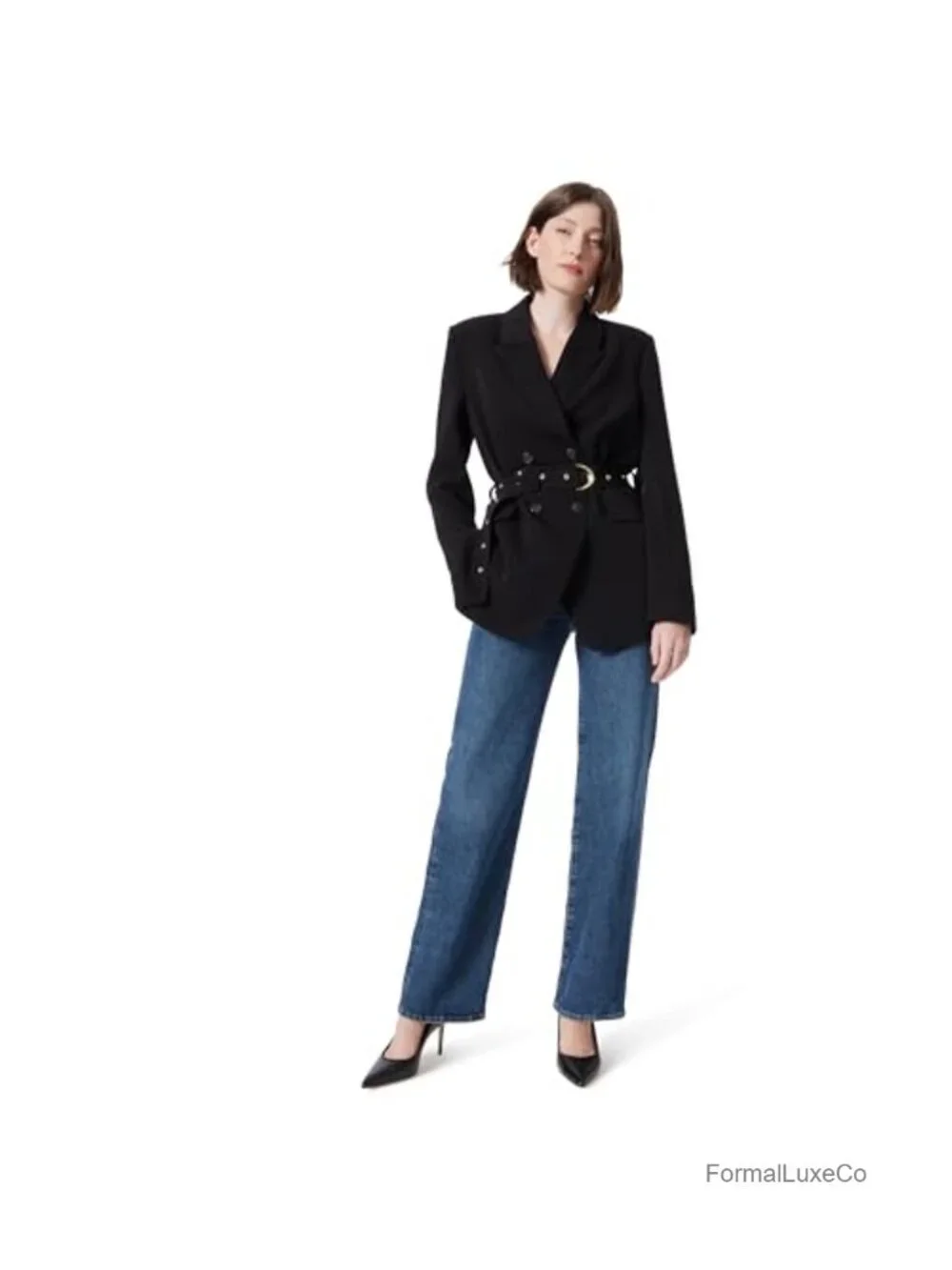 Oversized Double Breasted Belted Wide Blazer with Pockets